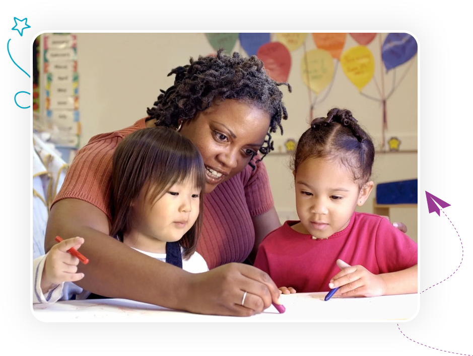 A woman and two children are drawing on paper.